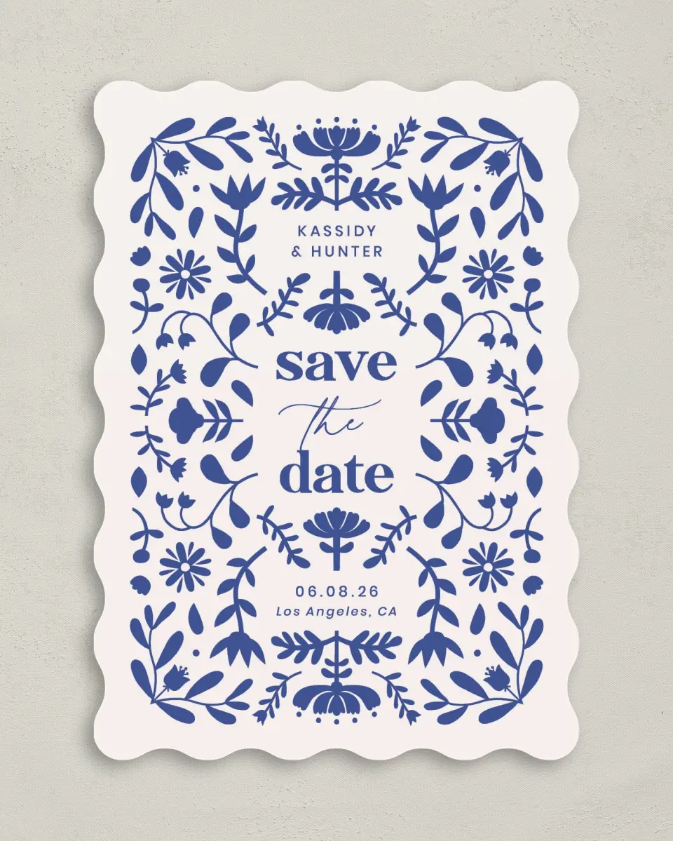 This is a 5" x 7" Save the Date Card called The Kassidy printed in full color on Premium Smooth paper