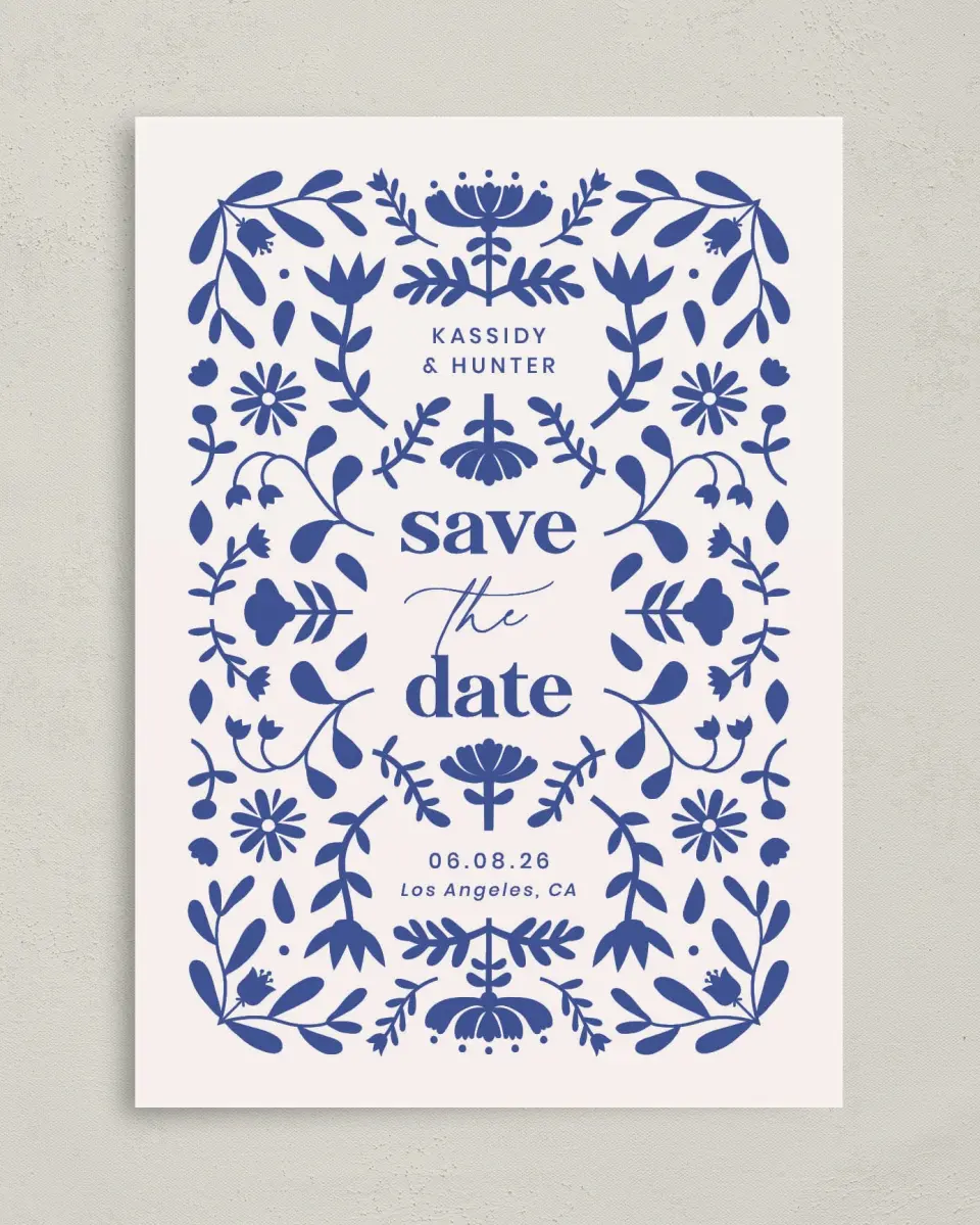 This is a 5" x 7" Save the Date Card called The Kassidy printed in full color on Premium Smooth paper