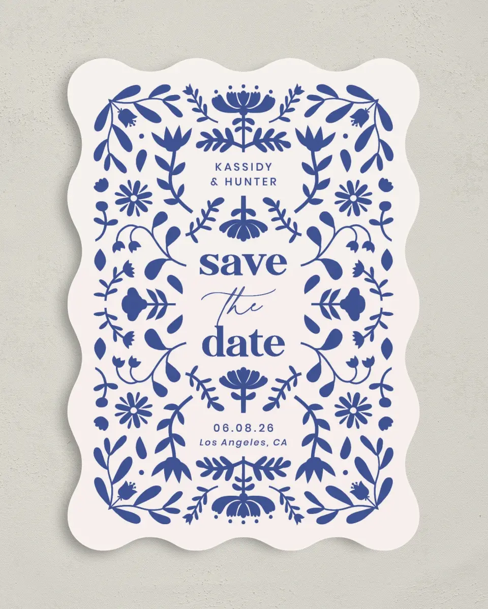 This is a 5" x 7" Save the Date Card called The Kassidy printed in full color on Premium Smooth paper