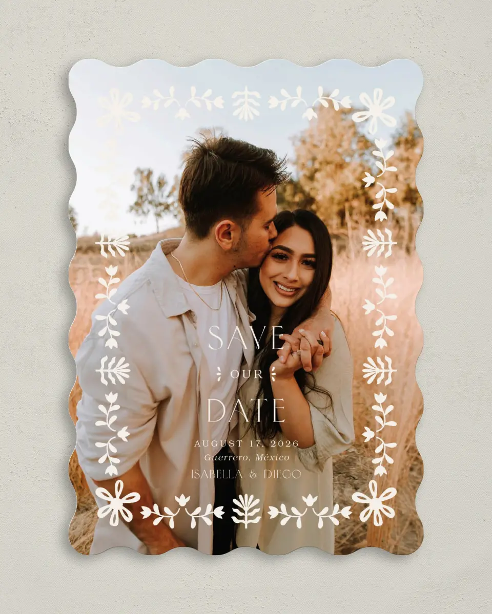 This is a 5" x 7" Save the Date Card called Folk Fiesta printed in full color on Premium Smooth paper