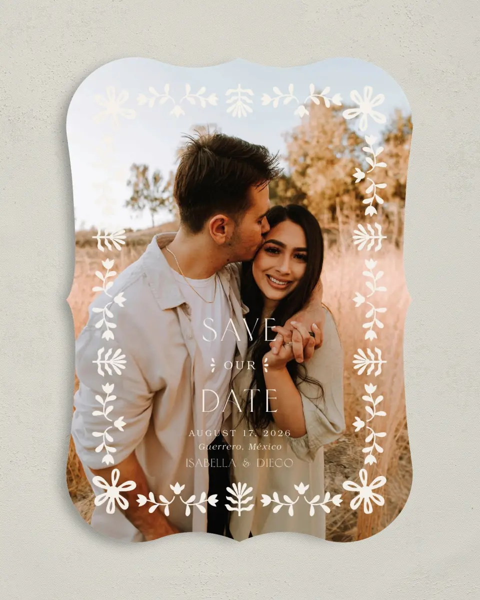 This is a 5" x 7" Save the Date Card called Folk Fiesta printed in full color on Premium Smooth paper
