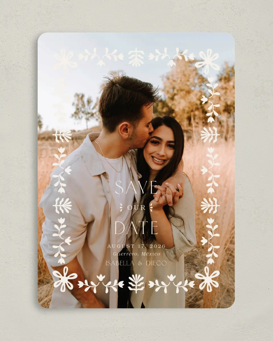 This is a 5" x 7" Save the Date Card called Folk Fiesta printed in full color on Premium Smooth paper