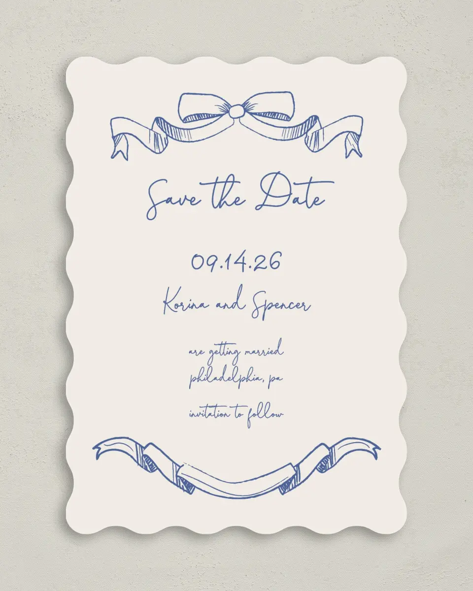 This is a 5" x 7" Save the Date Card called Sketched Bow printed in full color on Premium Smooth paper