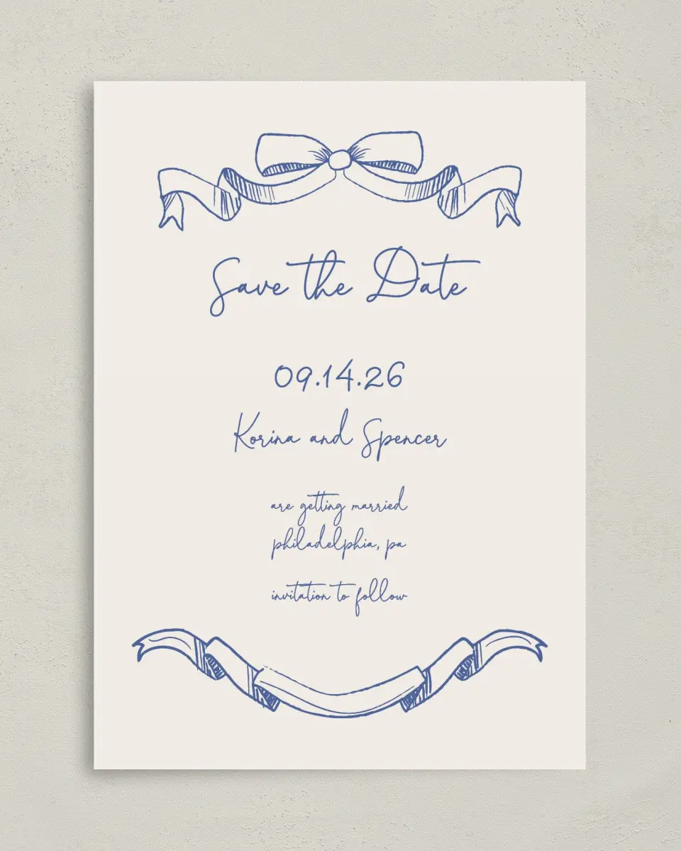 This is a 5" x 7" Save the Date Card called Sketched Bow printed in full color on Premium Smooth paper