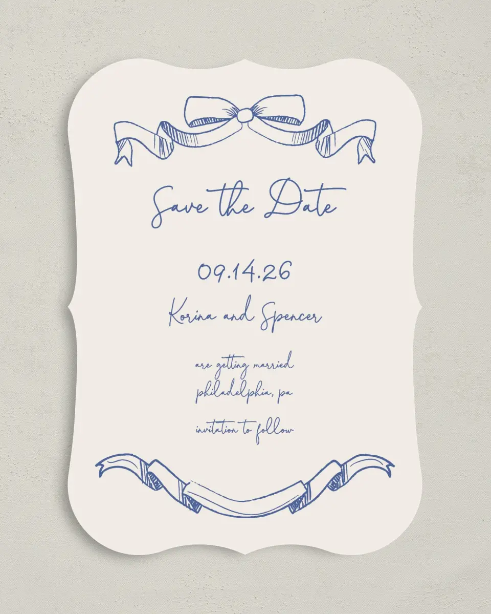 This is a 5" x 7" Save the Date Card called Sketched Bow printed in full color on Premium Smooth paper