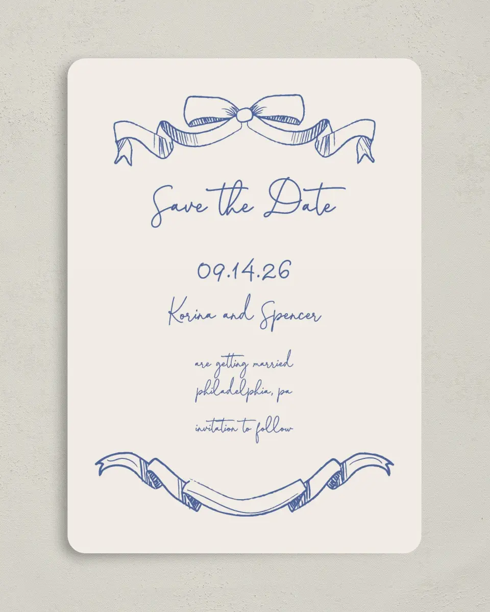 This is a 5" x 7" Save the Date Card called Sketched Bow printed in full color on Premium Smooth paper