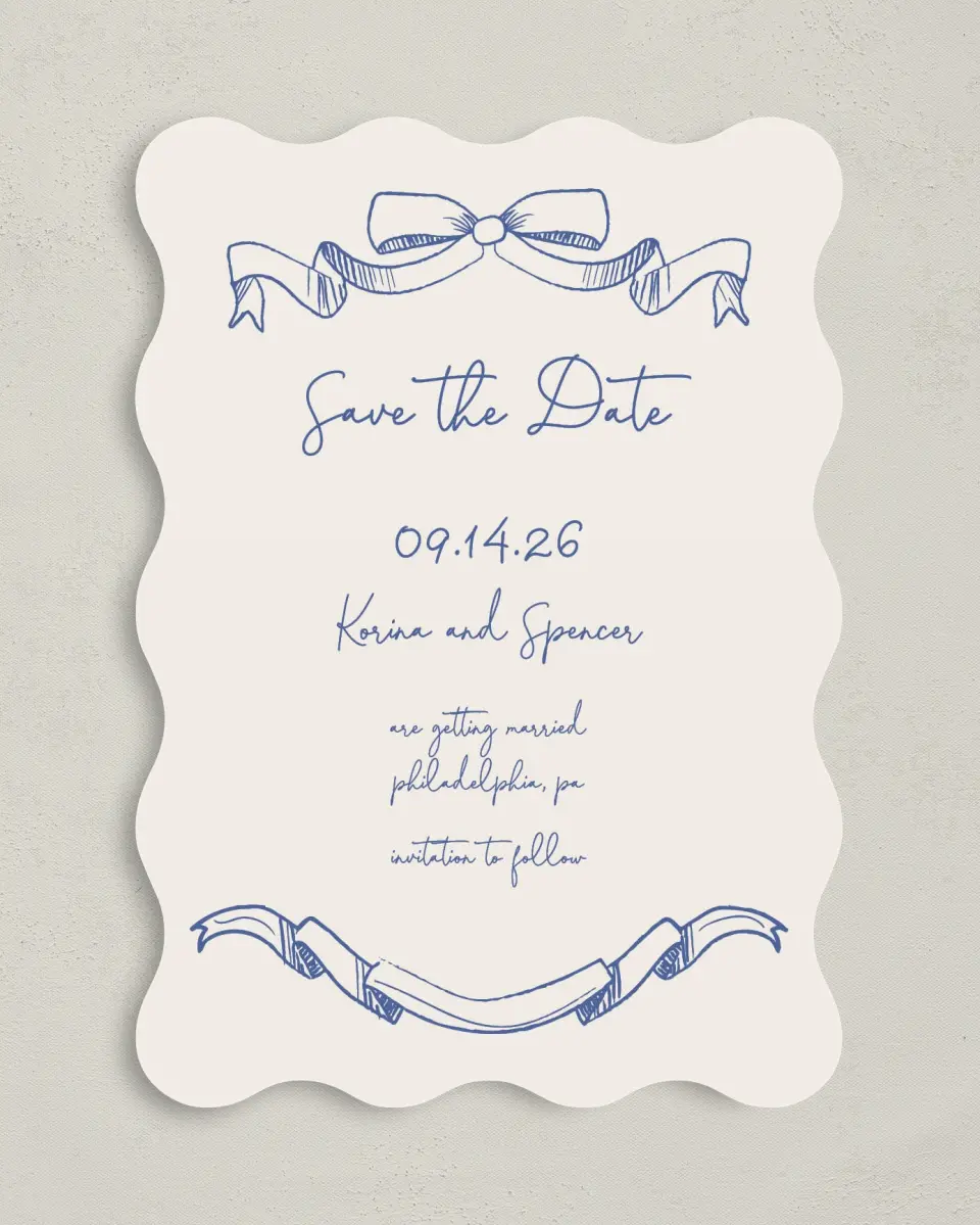 This is a 5" x 7" Save the Date Card called Sketched Bow printed in full color on Premium Smooth paper