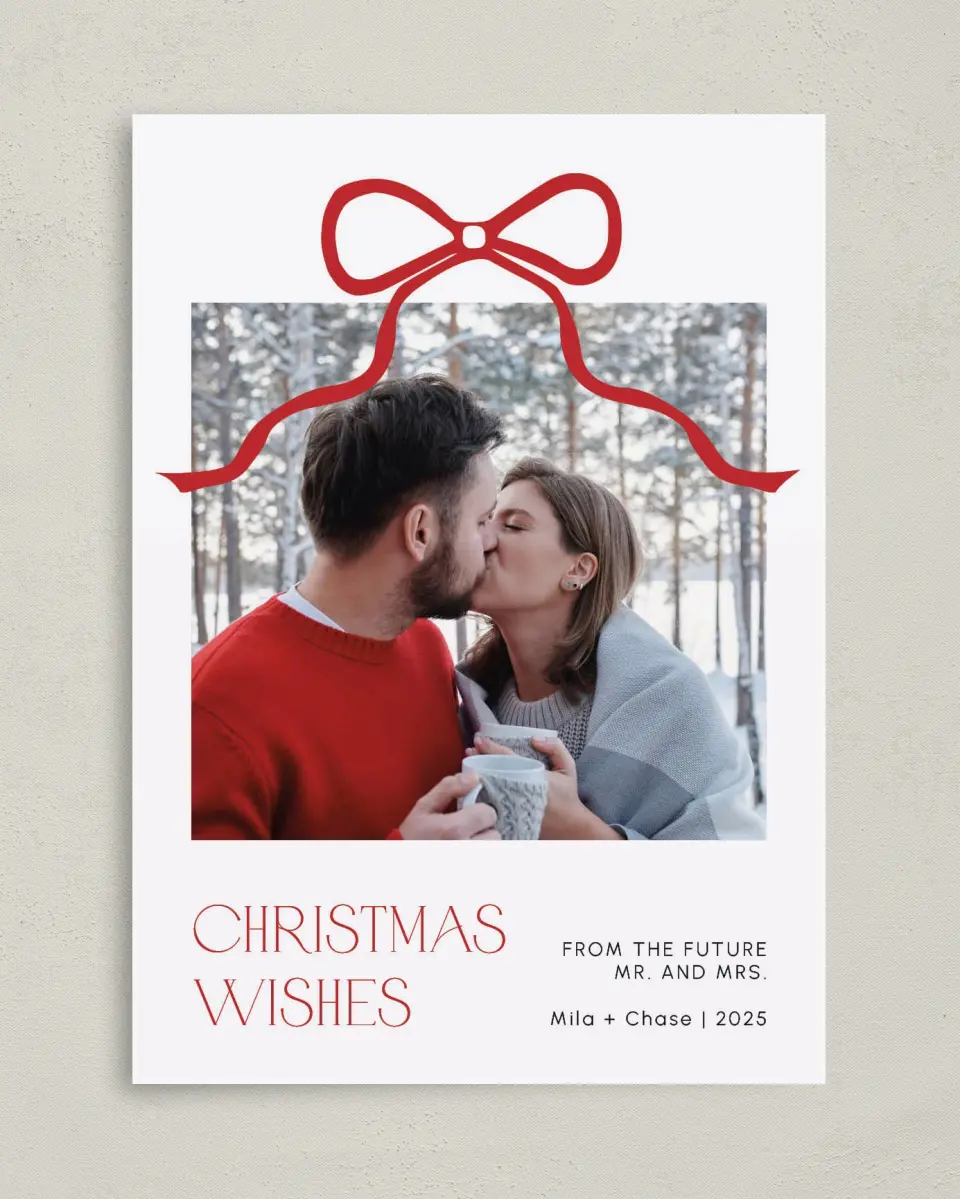 This is a 5" x 7" Christmas Card called Winter Ribbon Romance printed in full color on Premium Smooth paper