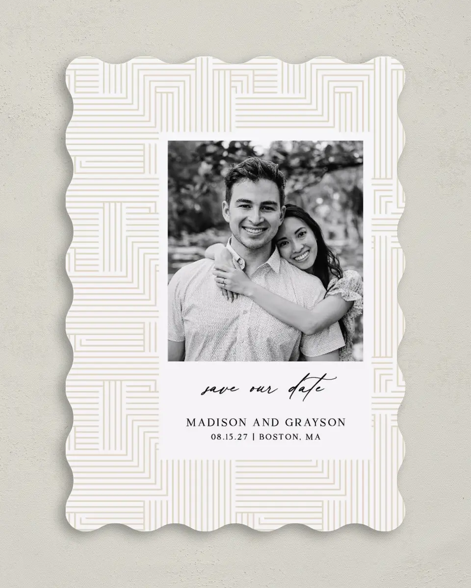 This is a 5" x 7" Save the Date Card called Love Maze printed in full color with Gold foil on Premium Smooth paper