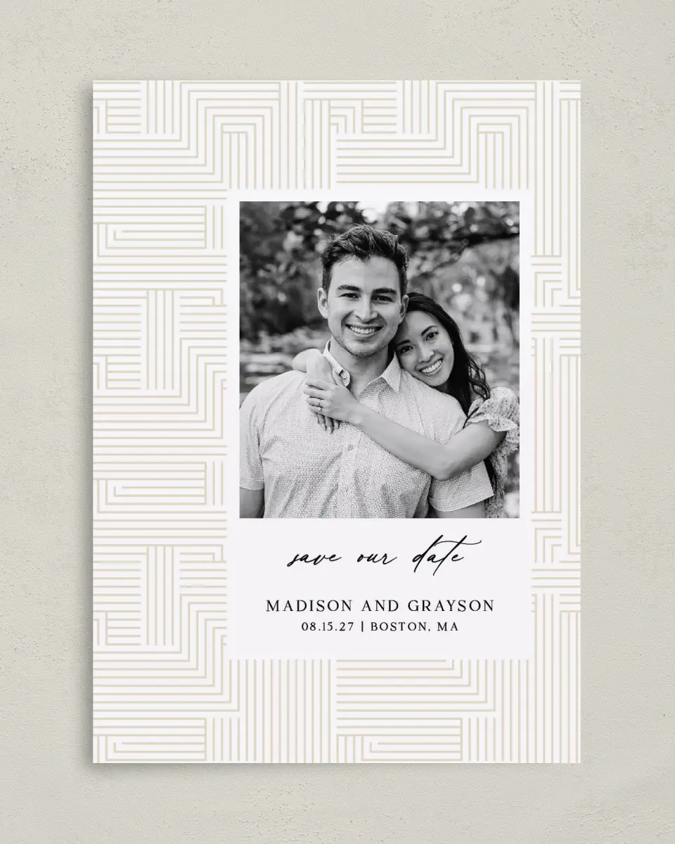 This is a 5" x 7" Save the Date Card called Love Maze printed in full color with Gold foil on Premium Smooth paper