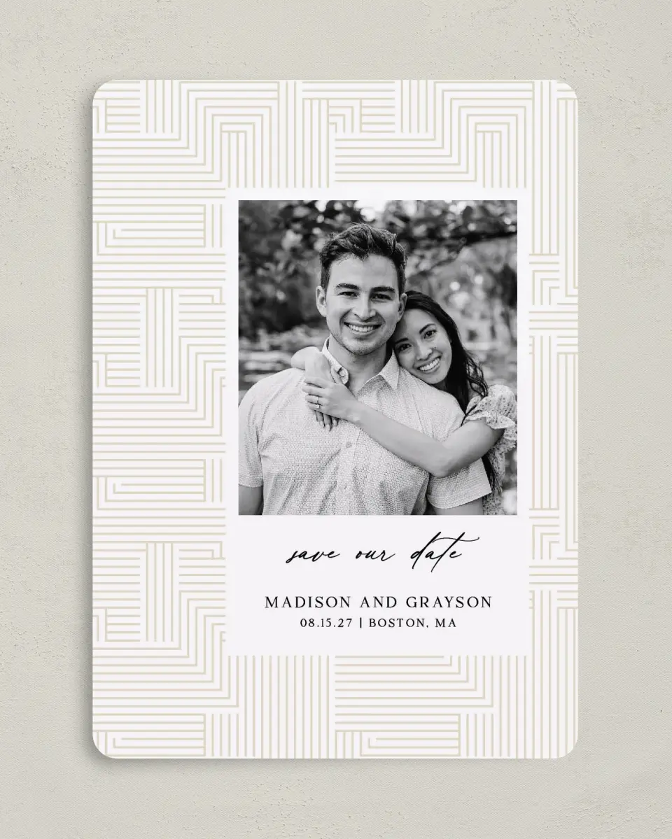 This is a 5" x 7" Save the Date Card called Love Maze printed in full color with Gold foil on Premium Smooth paper