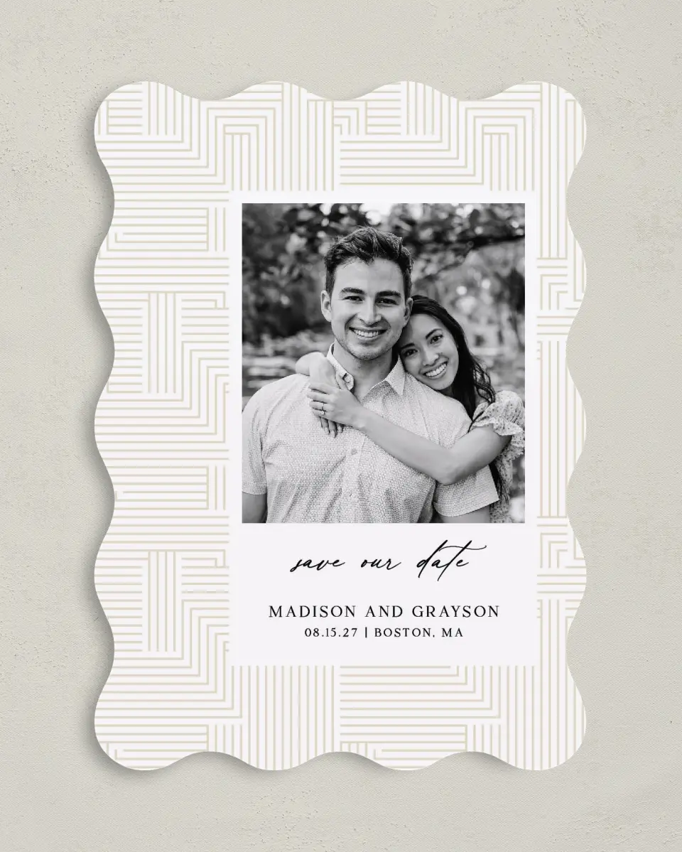 This is a 5" x 7" Save the Date Card called Love Maze printed in full color with Gold foil on Premium Smooth paper