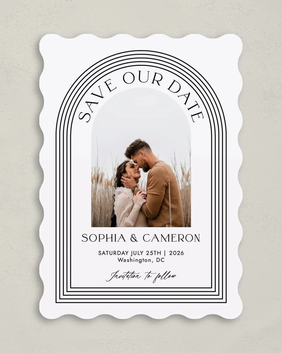 This is a 5" x 7" Save the Date Card called Passionate Arch printed in full color with Gold foil on Premium Smooth paper