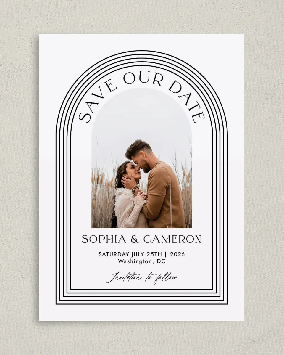 This is a 5" x 7" Save the Date Card called Passionate Arch printed in full color with Gold foil on Premium Smooth paper