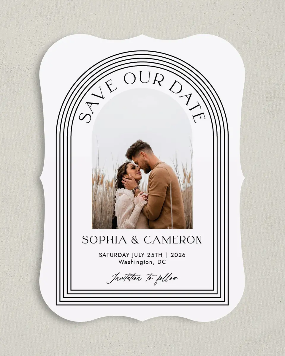 This is a 5" x 7" Save the Date Card called Passionate Arch printed in full color with Gold foil on Premium Smooth paper