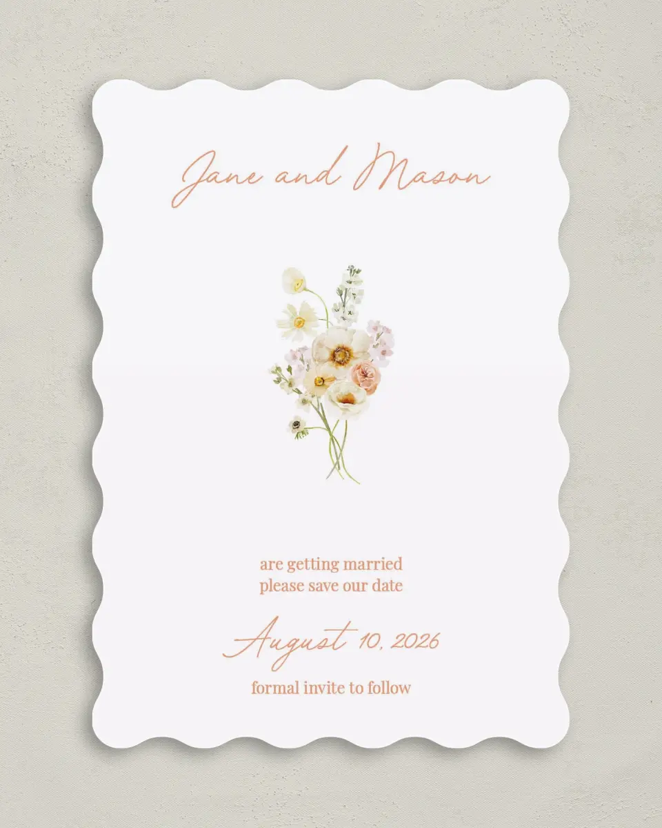 This is a 5" x 7" Save the Date Card called Warm Wildflowers printed in full color on Premium Smooth paper