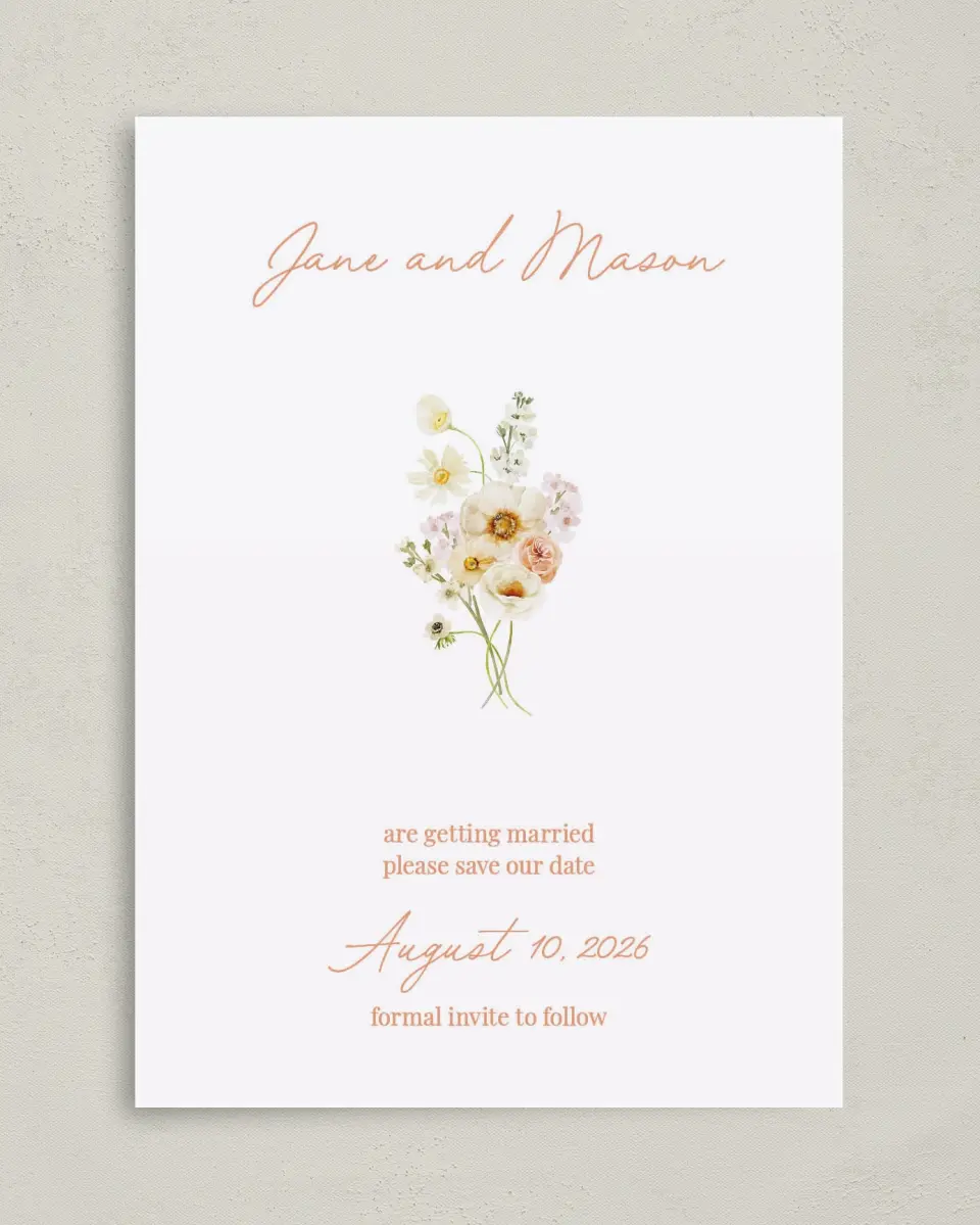 This is a 5" x 7" Save the Date Card called Warm Wildflowers printed in full color on Premium Smooth paper
