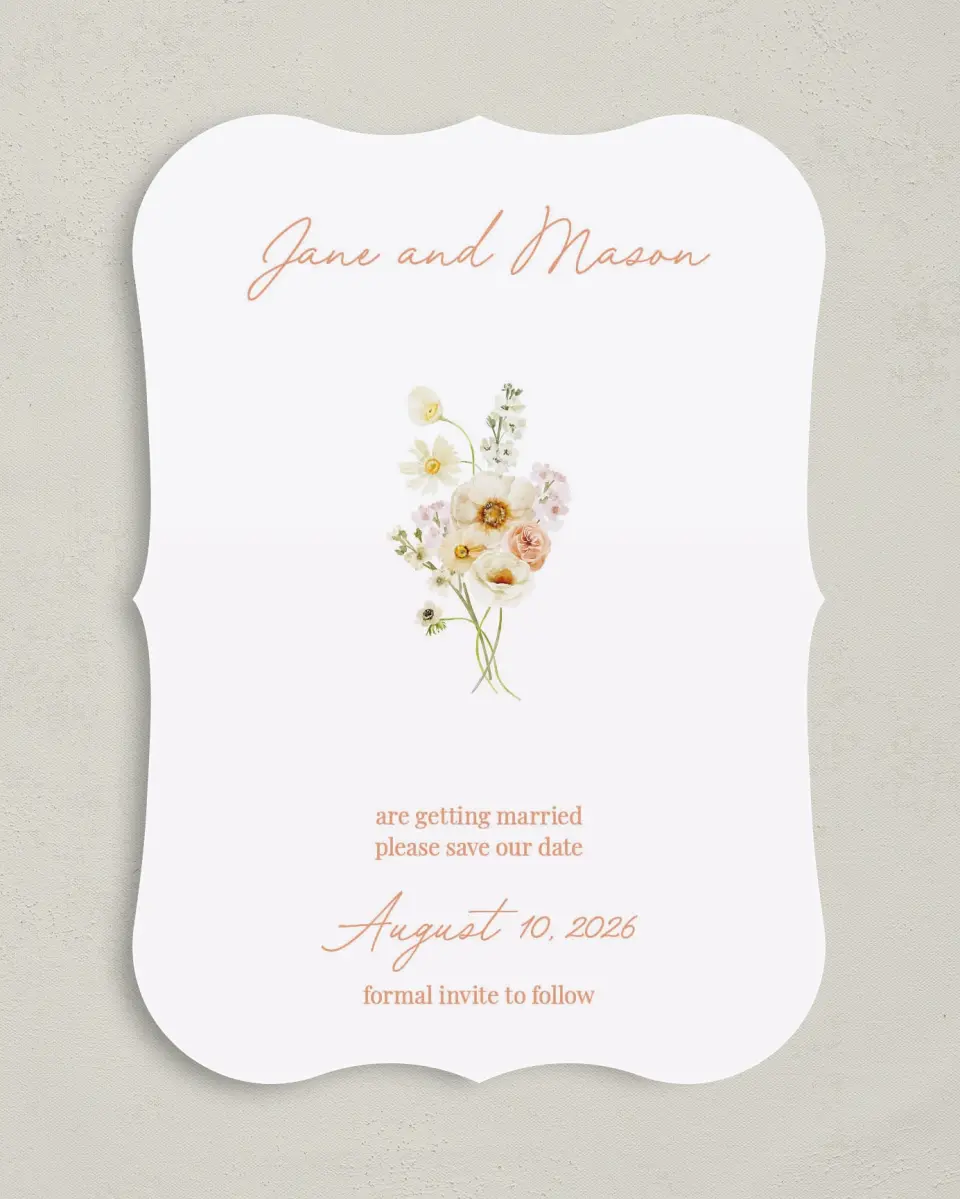 This is a 5" x 7" Save the Date Card called Warm Wildflowers printed in full color on Premium Smooth paper