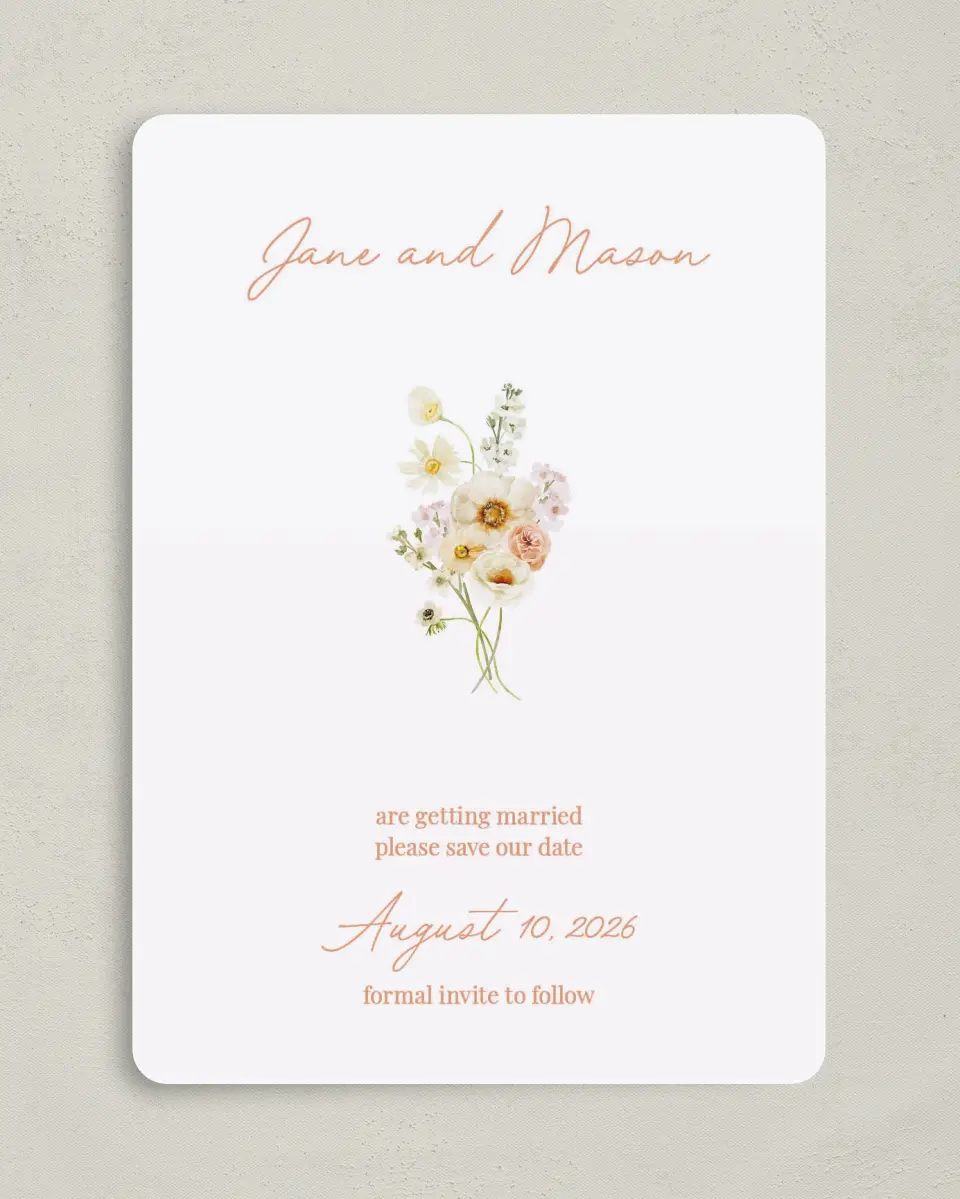 This is a 5" x 7" Save the Date Card called Warm Wildflowers printed in full color on Premium Smooth paper