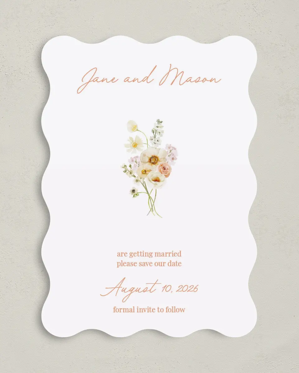 This is a 5" x 7" Save the Date Card called Warm Wildflowers printed in full color on Premium Smooth paper