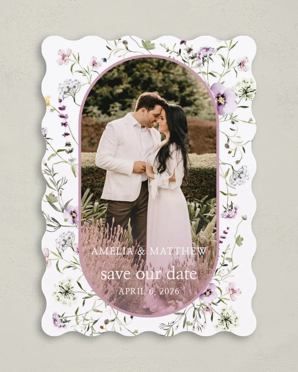 This is a 5" x 7" Save the Date Card called Whimsy Fairytale printed in full color on Premium Smooth paper