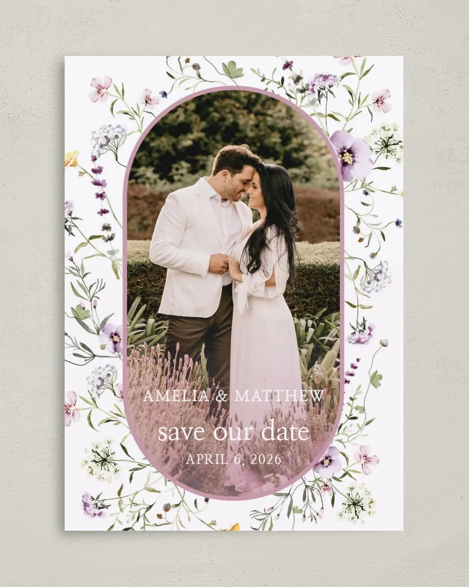 This is a 5" x 7" Save the Date Card called Whimsy Fairytale printed in full color on Premium Smooth paper