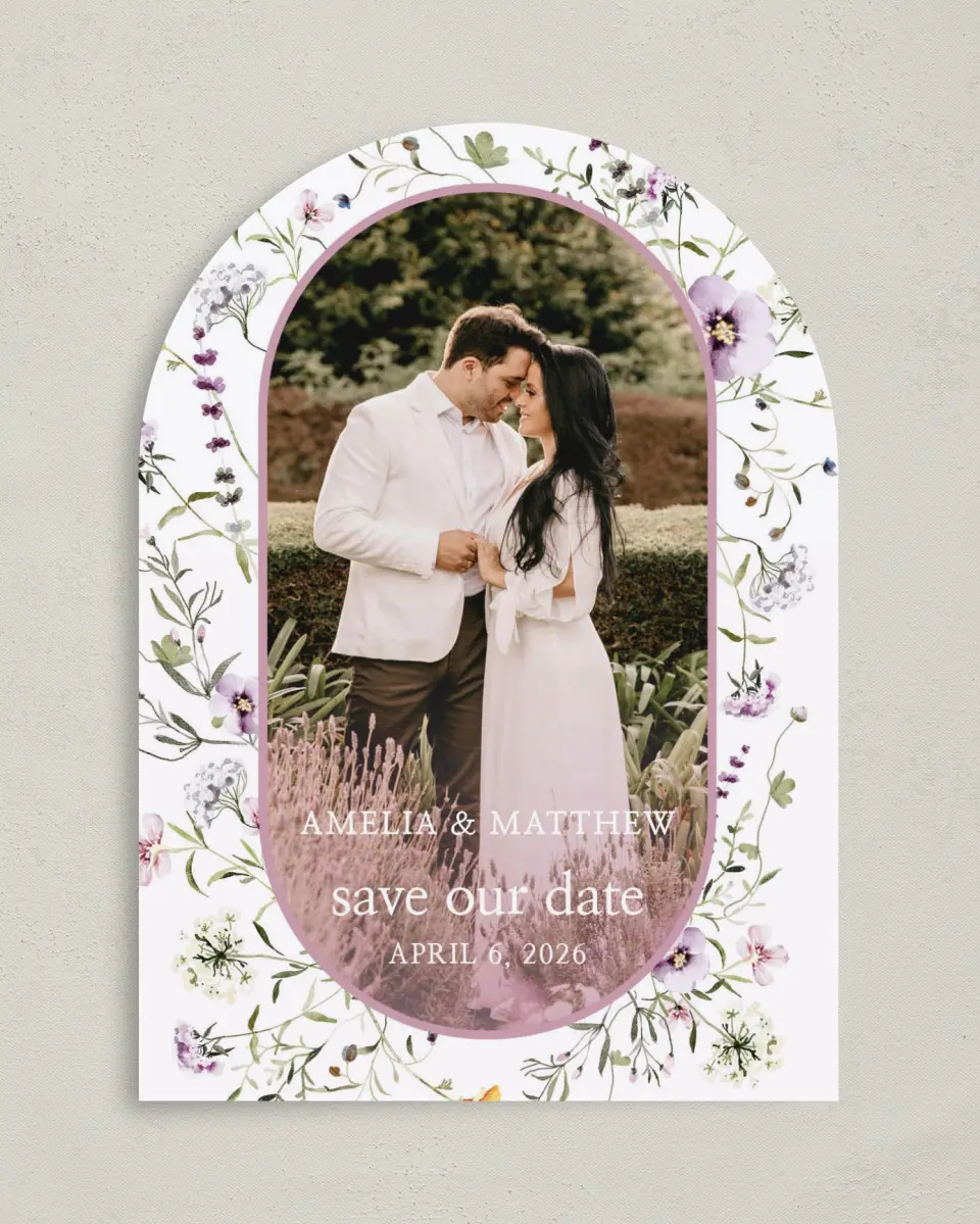 This is a 5" x 7" Arch Save the Date called Whimsy Fairytale printed in full color on Premium Smooth paper