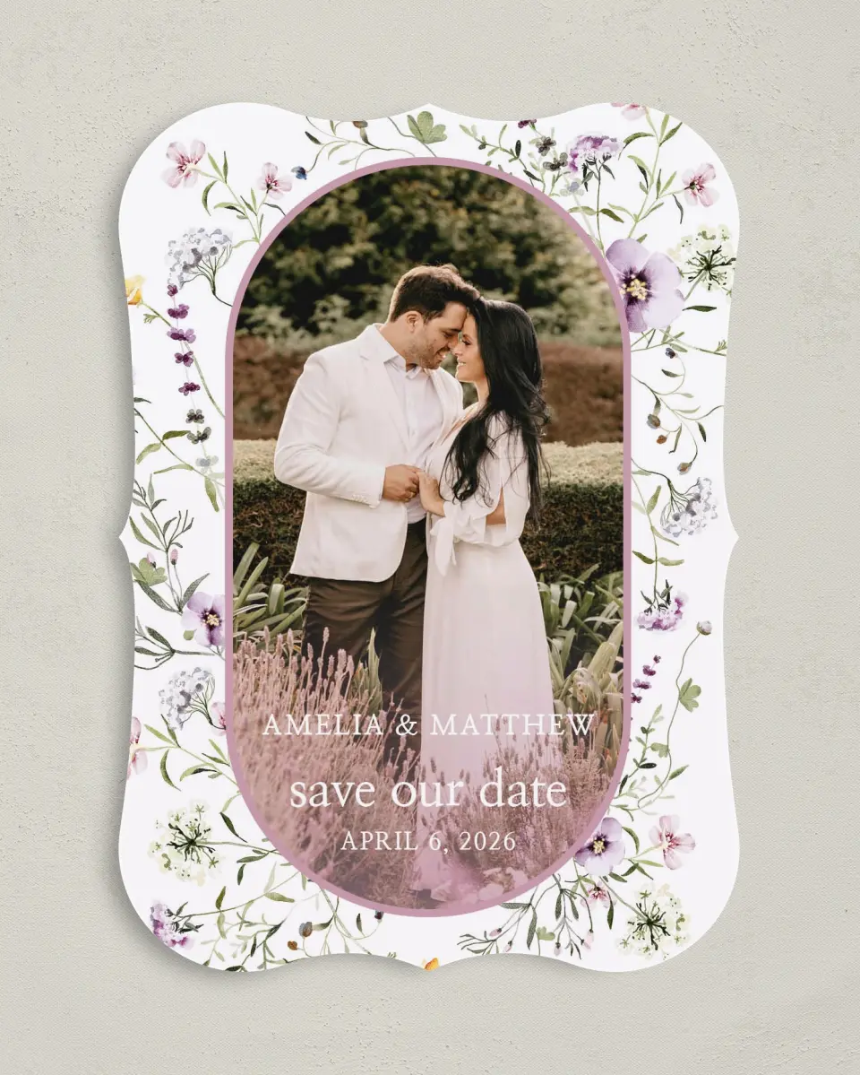 This is a 5" x 7" Save the Date Card called Whimsy Fairytale printed in full color on Premium Smooth paper