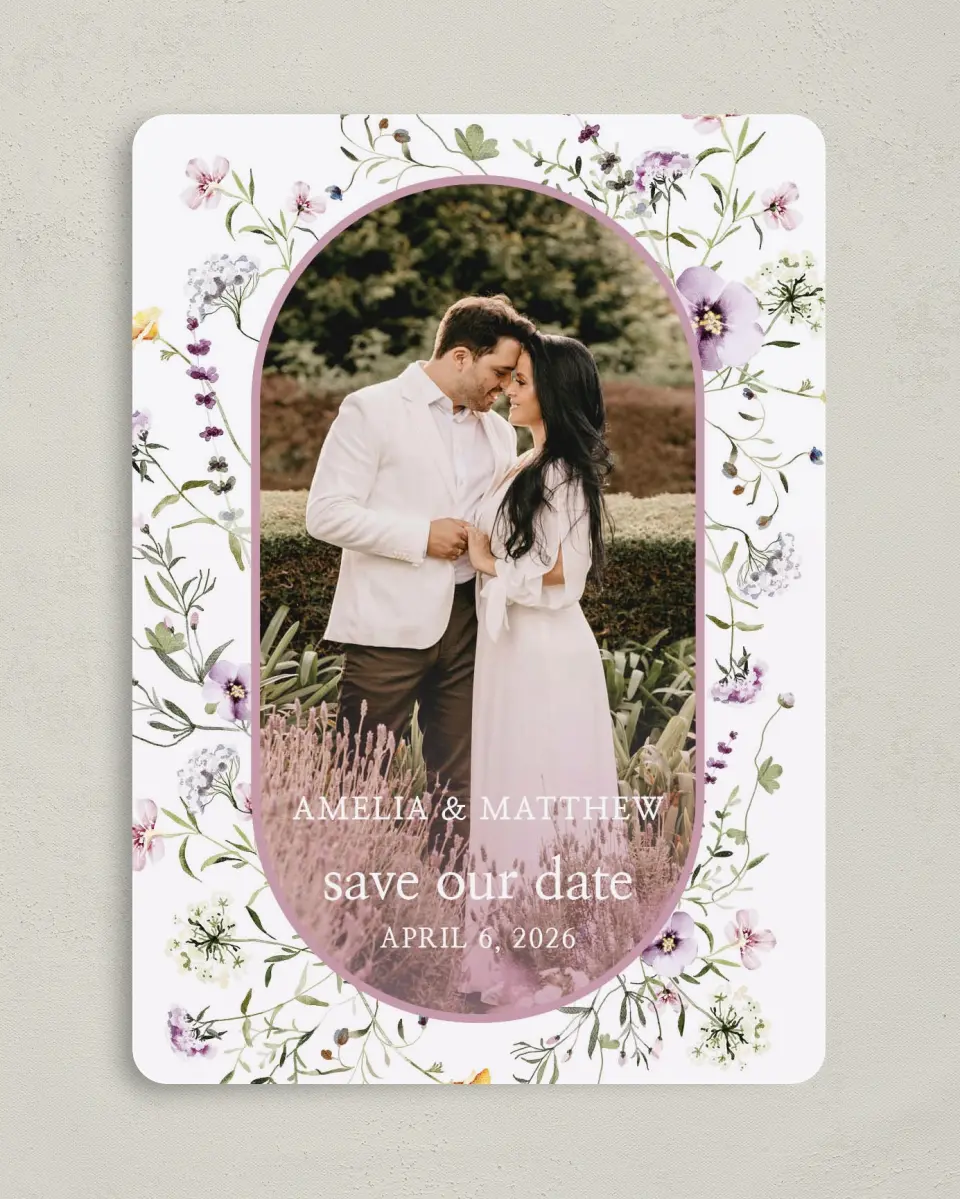 This is a 5" x 7" Save the Date Card called Whimsy Fairytale printed in full color on Premium Smooth paper