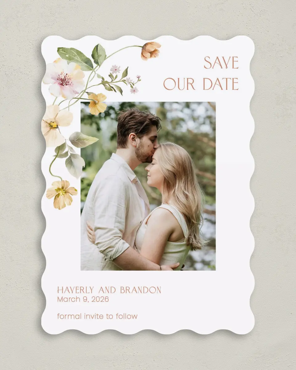 This is a 5" x 7" Save the Date Card called Delicate Garden printed in full color on Premium Smooth paper