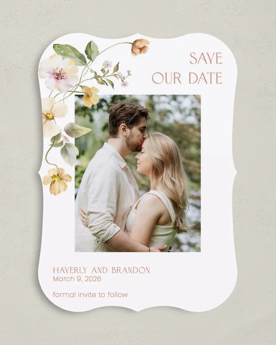 This is a 5" x 7" Save the Date Card called Delicate Garden printed in full color on Premium Smooth paper