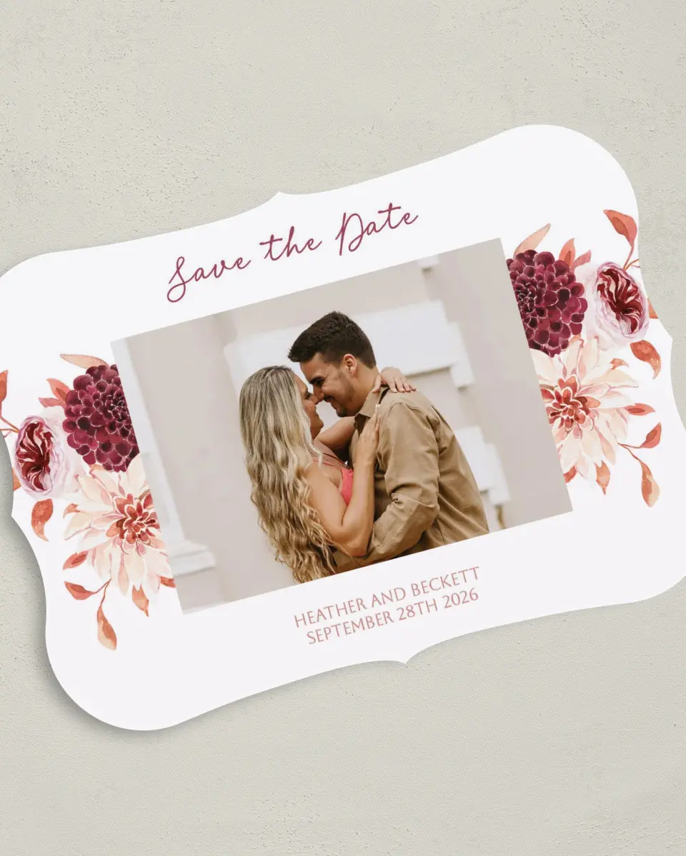 This is a 5" x 7" Save the Date Card called Mauvelous printed in full color on Premium Smooth paper