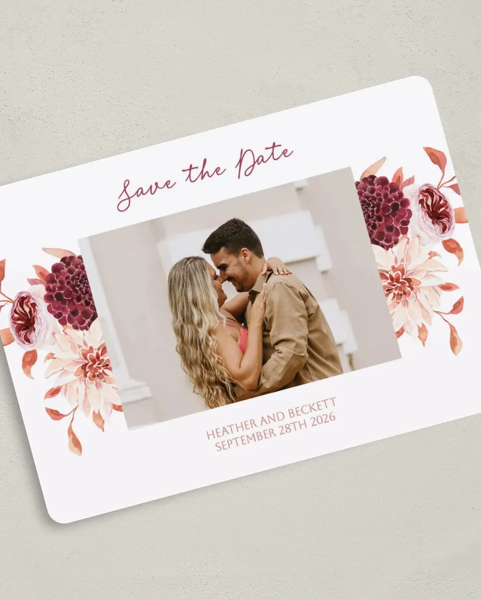 This is a 5" x 7" Save the Date Card called Mauvelous printed in full color on Premium Smooth paper