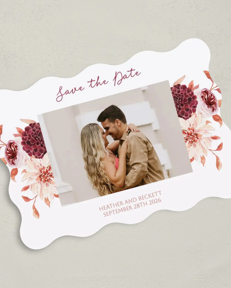 This is a 5" x 7" Save the Date Card called Mauvelous printed in full color on Premium Smooth paper