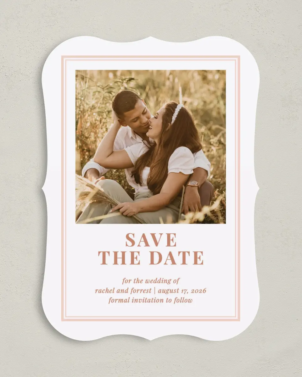 This is a 5" x 7" Save the Date Card called Gorgeous Blush printed in full color on Premium Smooth paper