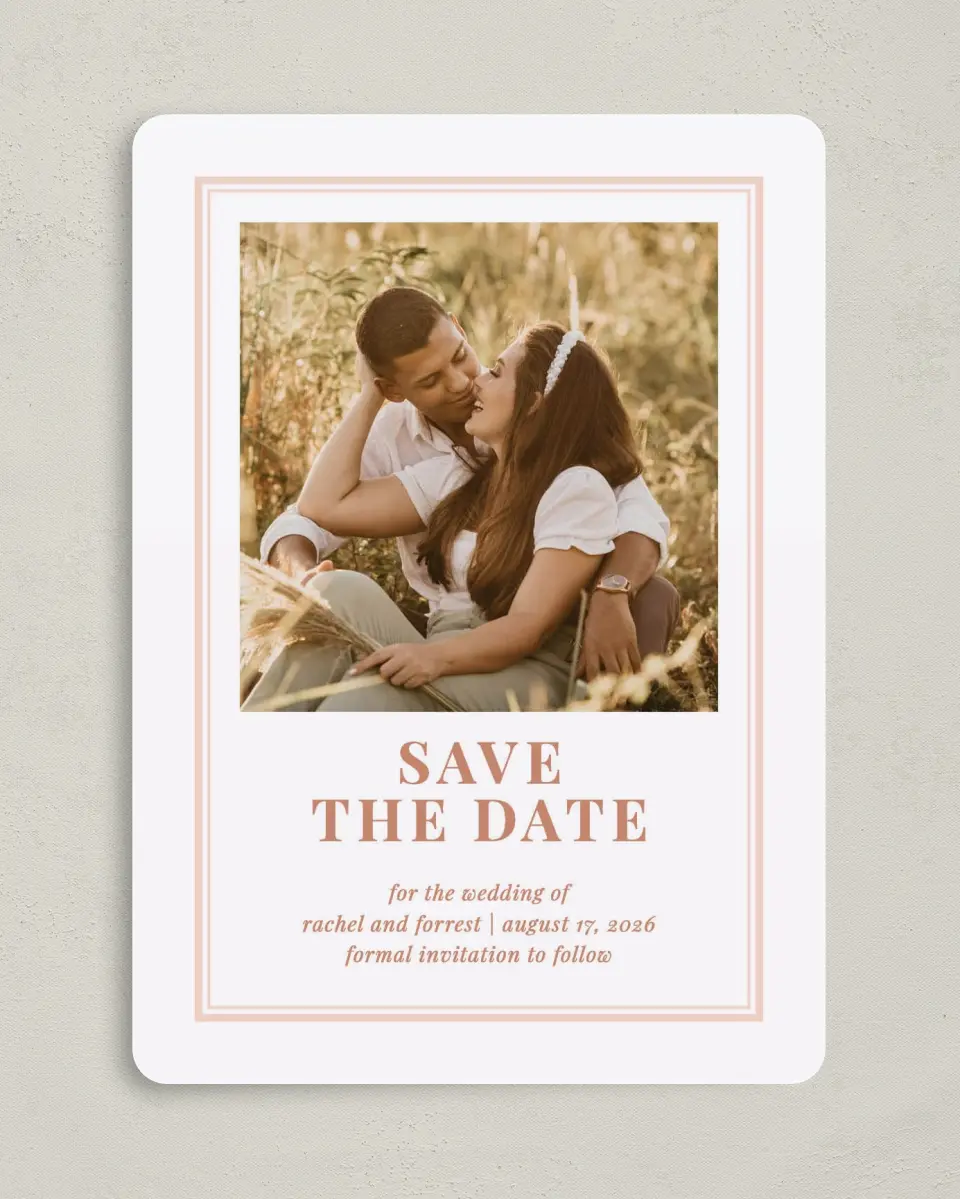 This is a 5" x 7" Save the Date Card called Gorgeous Blush printed in full color on Premium Smooth paper