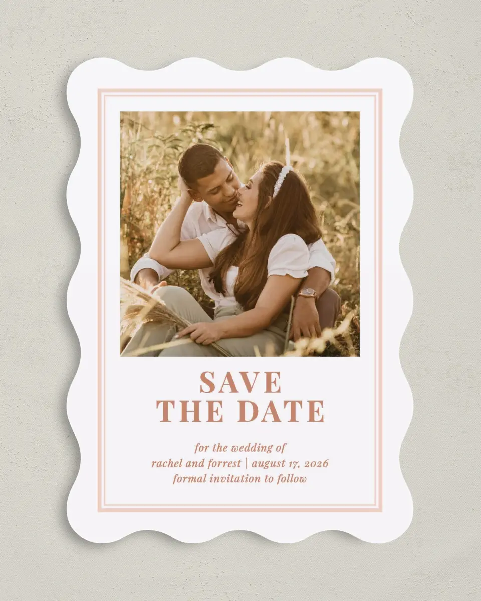 This is a 5" x 7" Save the Date Card called Gorgeous Blush printed in full color on Premium Smooth paper