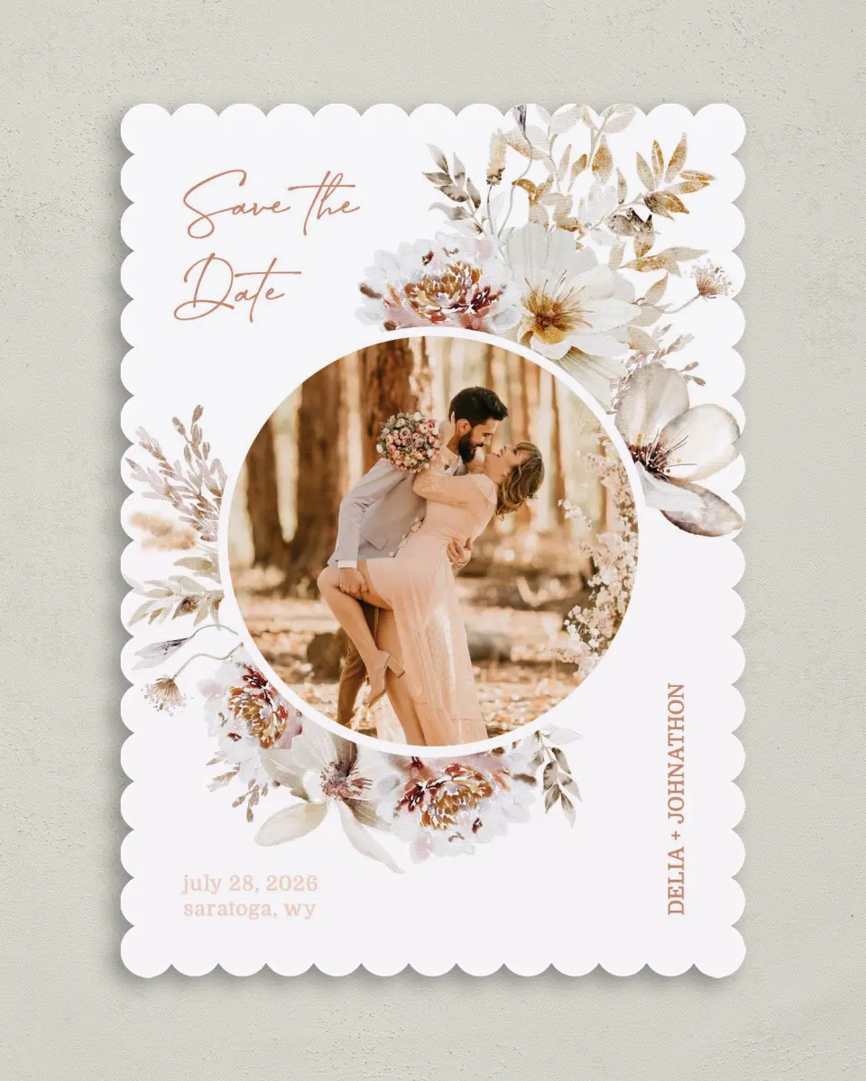 This is a 5" x 7" Save the Date Card called Petal Perfect printed in full color on Premium Smooth paper
