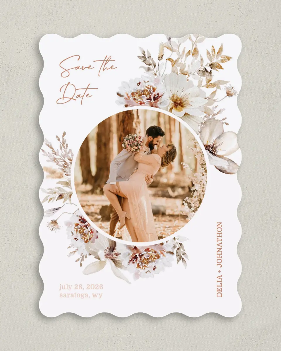 This is a 5" x 7" Save the Date Card called Petal Perfect printed in full color on Premium Smooth paper