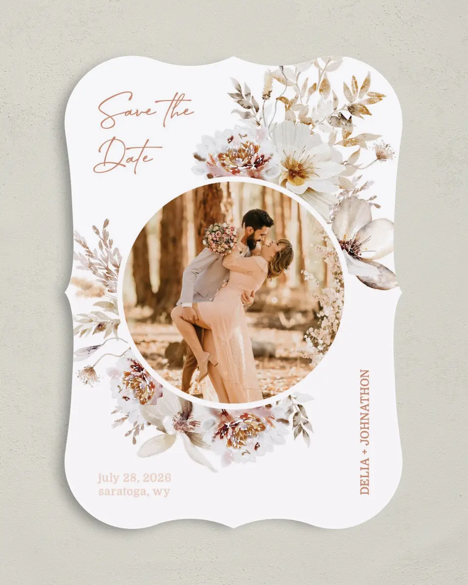 This is a 5" x 7" Save the Date Card called Petal Perfect printed in full color on Premium Smooth paper