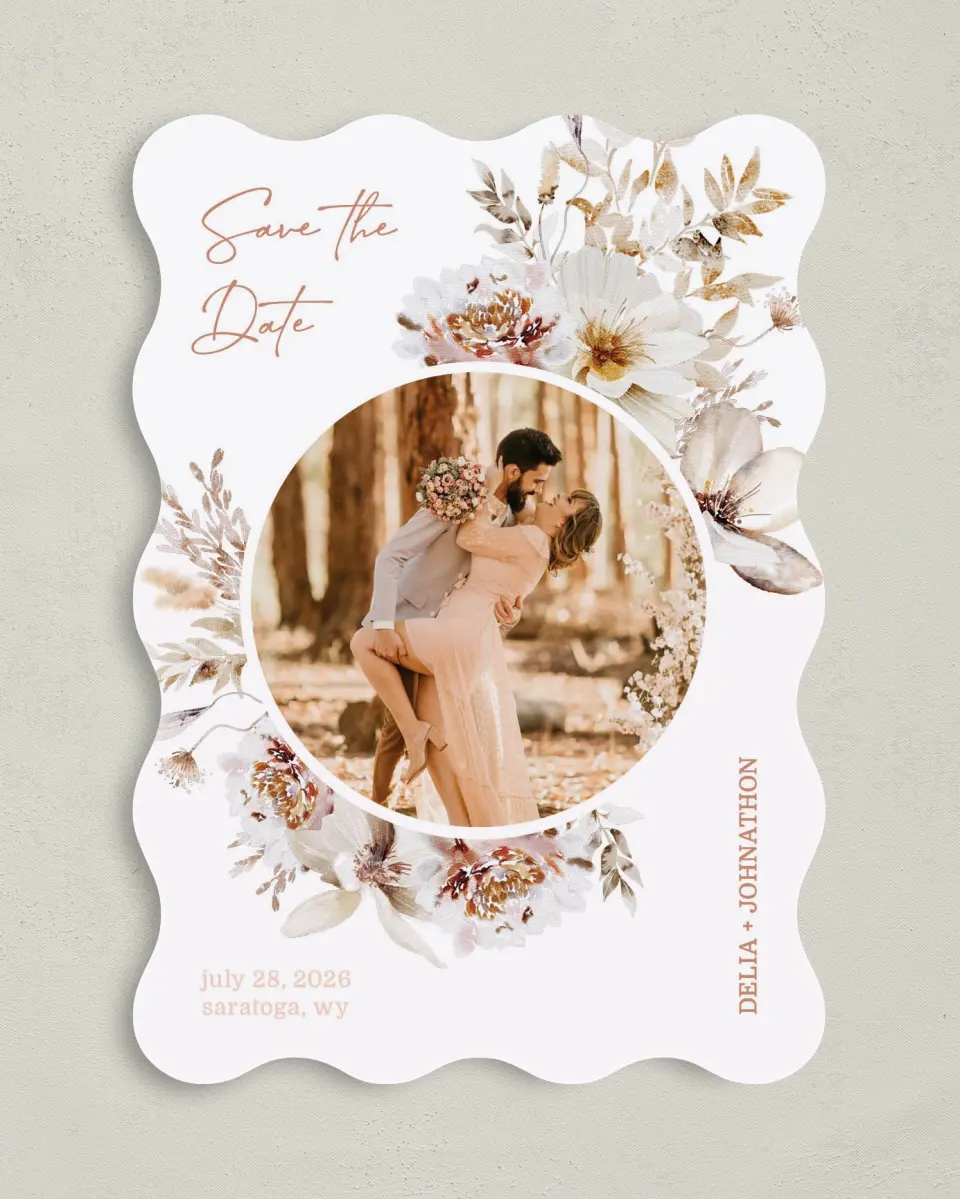 This is a 5" x 7" Save the Date Card called Petal Perfect printed in full color on Premium Smooth paper