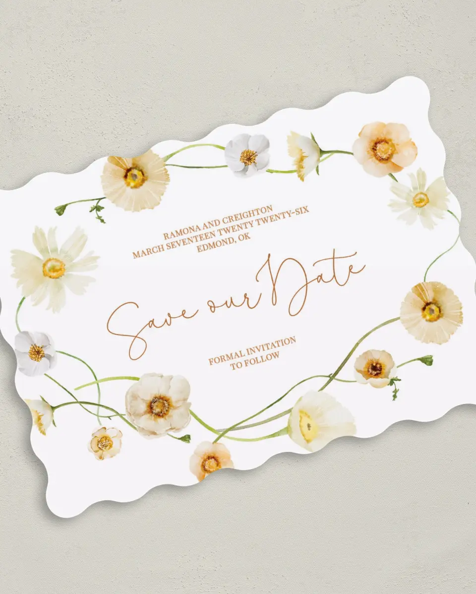 This is a 5" x 7" Save the Date Card called Sultry Sunshine printed in full color on Premium Smooth paper