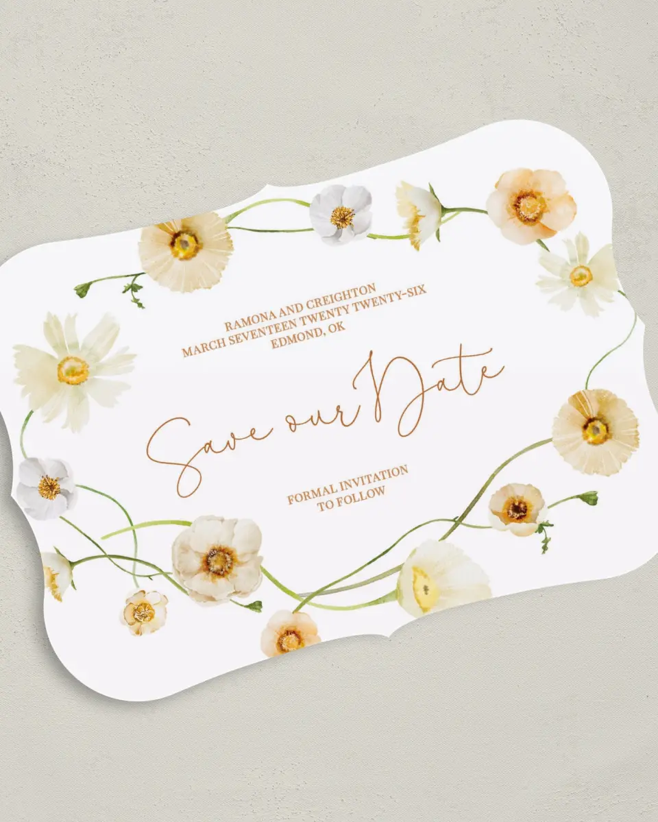 This is a 5" x 7" Save the Date Card called Sultry Sunshine printed in full color on Premium Smooth paper