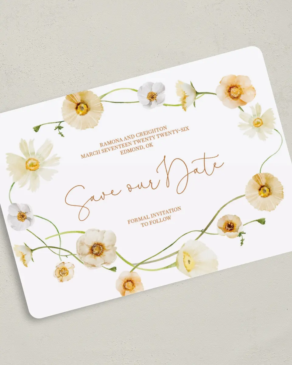 This is a 5" x 7" Save the Date Card called Sultry Sunshine printed in full color on Premium Smooth paper