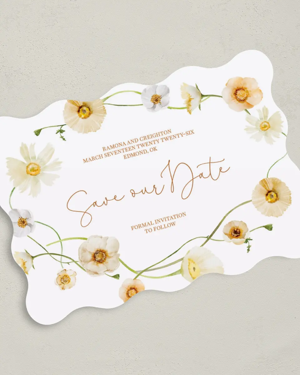 This is a 5" x 7" Save the Date Card called Sultry Sunshine printed in full color on Premium Smooth paper