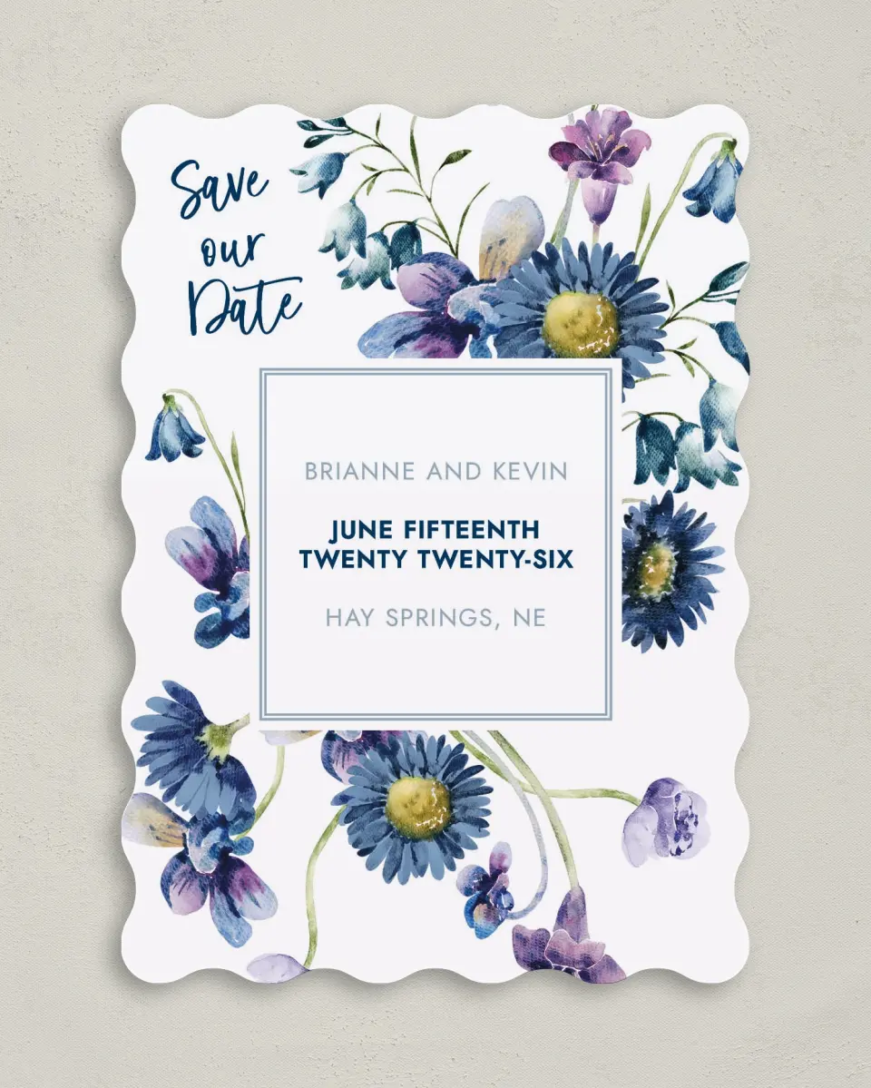 This is a 5" x 7" Save the Date Card called Abundant Blue printed in full color on Premium Smooth paper