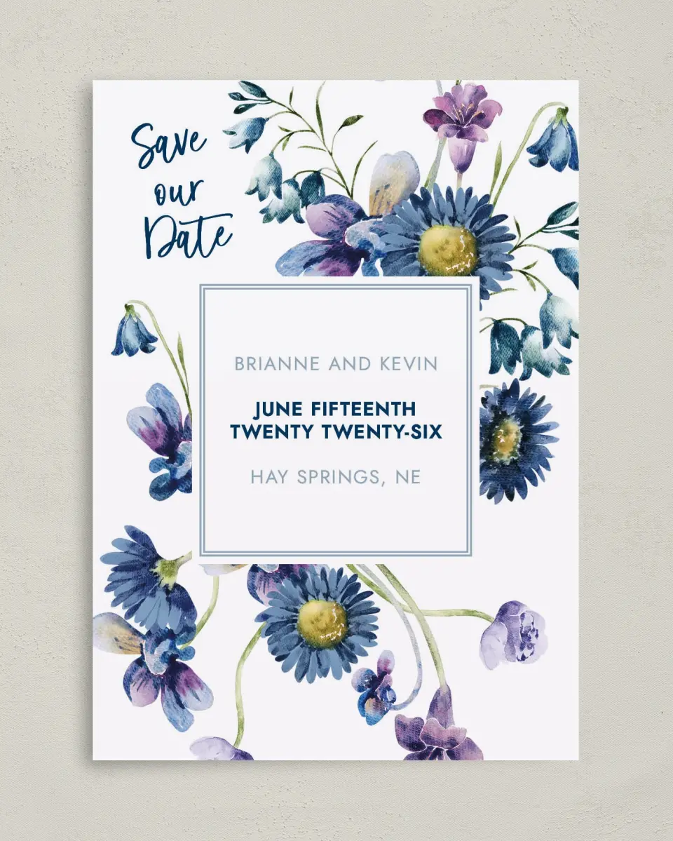 This is a 5" x 7" Save the Date Card called Abundant Blue printed in full color on Premium Smooth paper