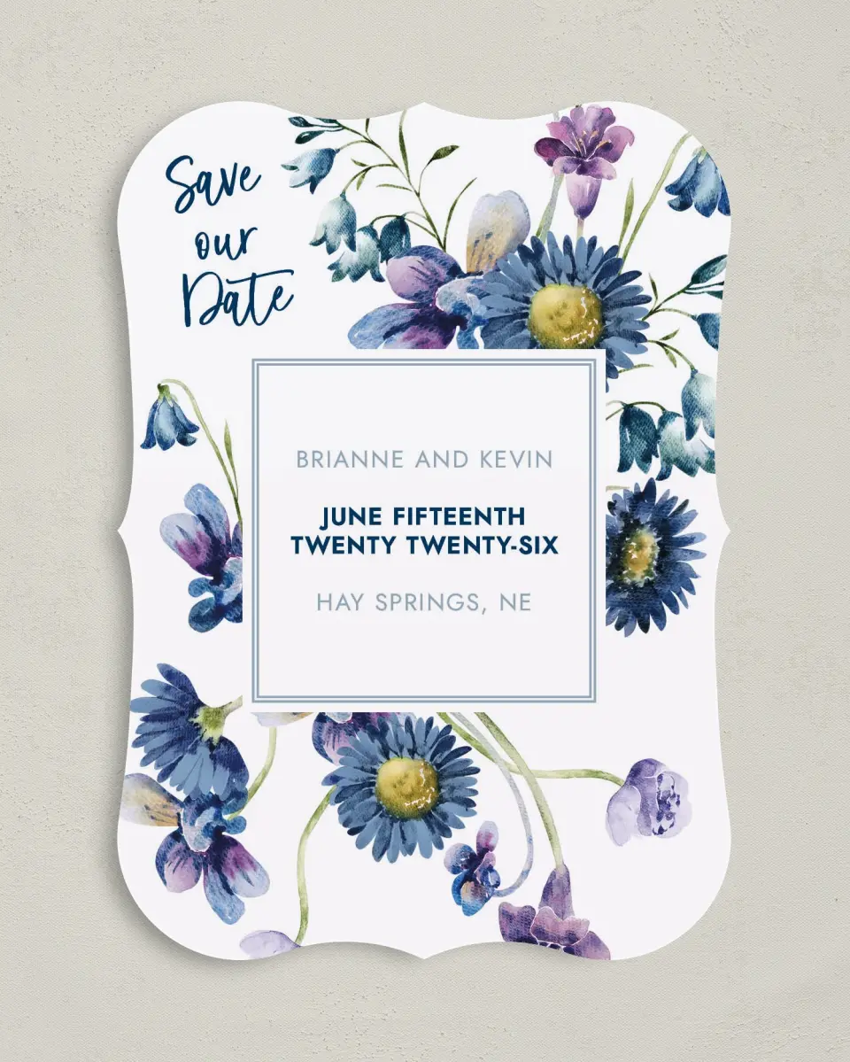 This is a 5" x 7" Save the Date Card called Abundant Blue printed in full color on Premium Smooth paper