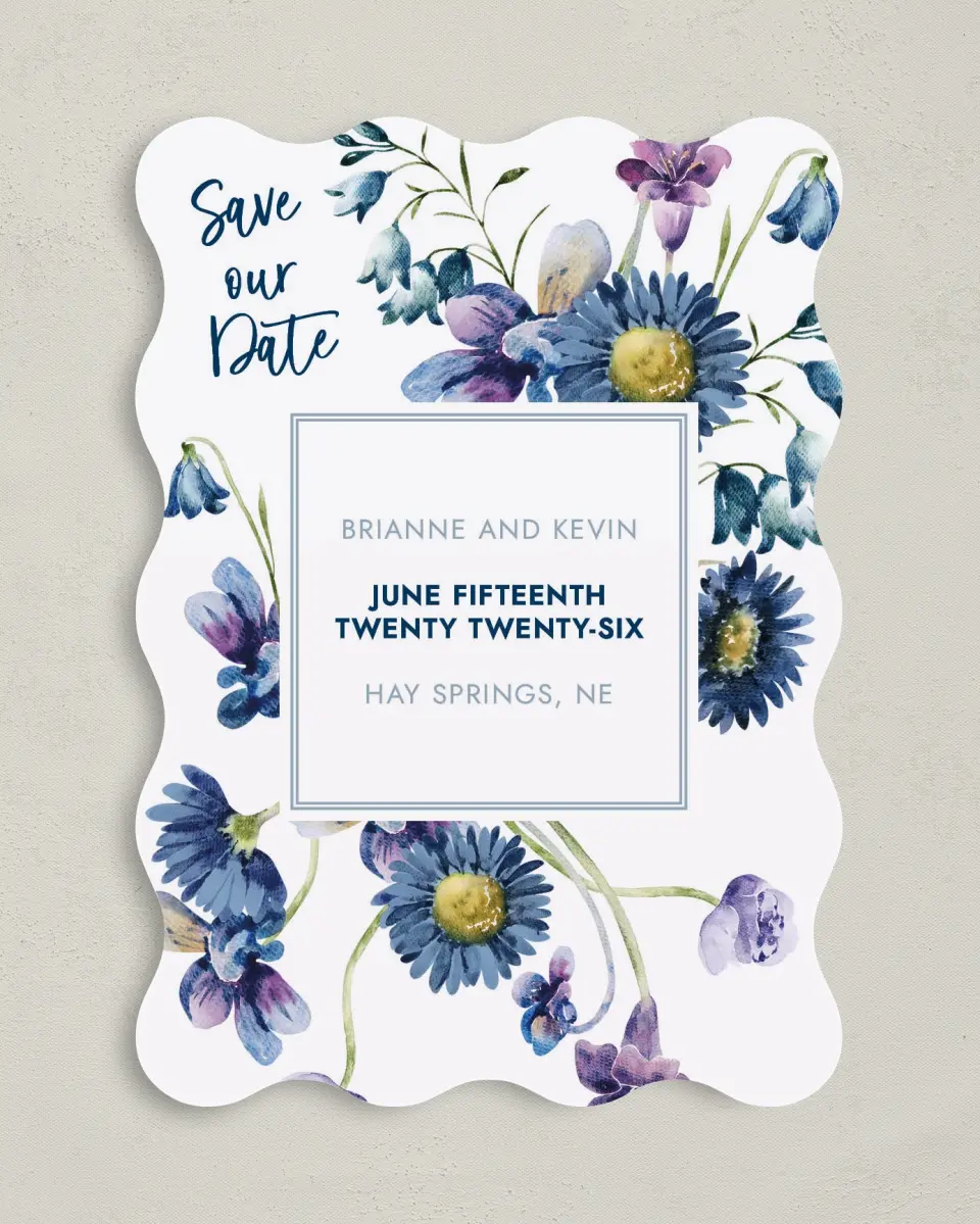 This is a 5" x 7" Save the Date Card called Abundant Blue printed in full color with Gold foil on Luxe Satin (coated) paper