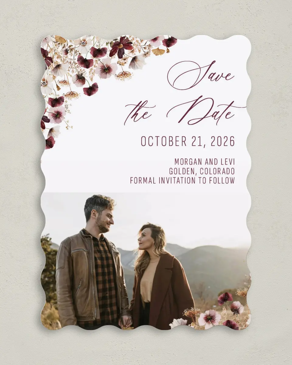 This is a 5" x 7" Save the Date Card called Harvest Meadows printed in full color on Premium Smooth paper